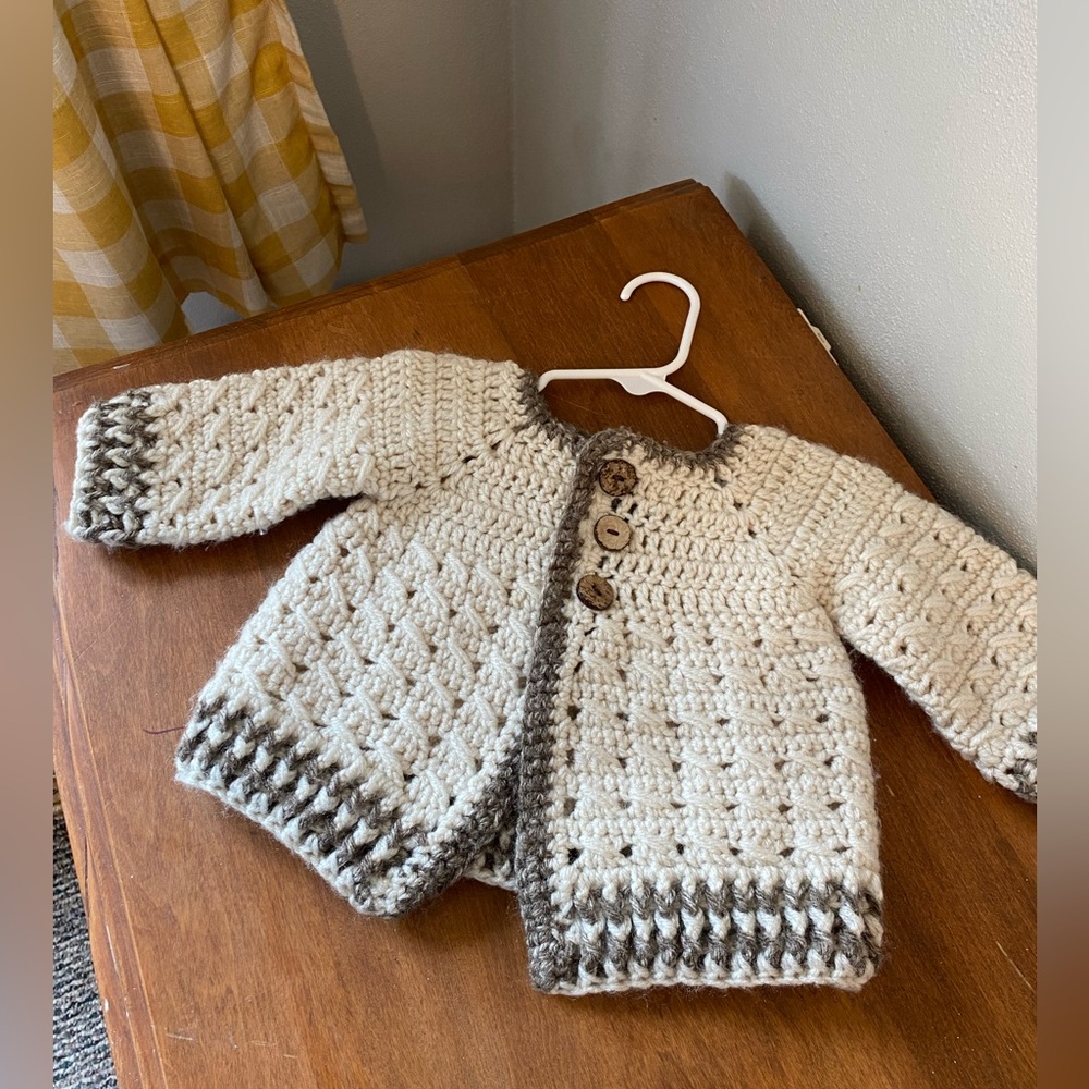 Handmade Cream and Brown Wool Crochet Baby Cardigan